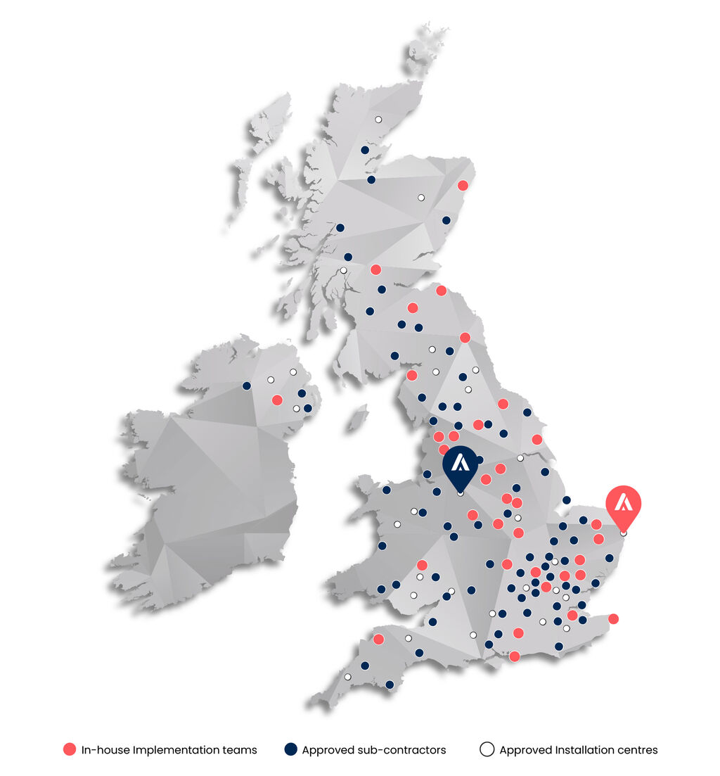 UK Map with Aura Brand Solutions locations highlighted