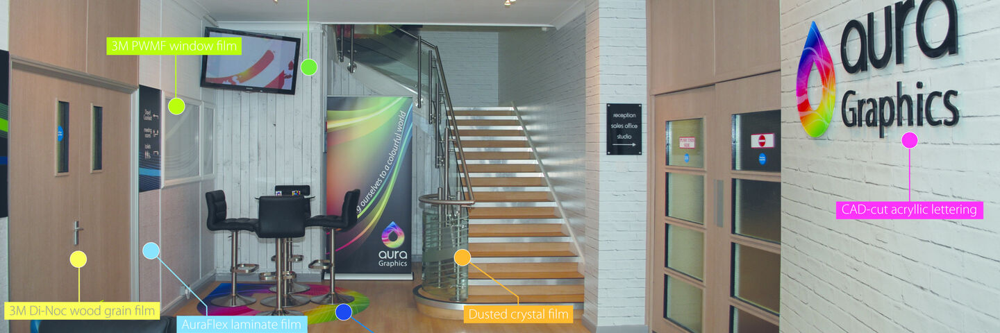 Aura HQ reception area branded with a mix of architectural branding products