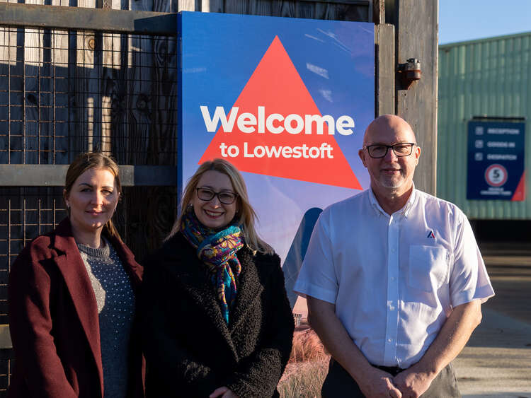 MP Jess Asato with Emma Cranfield and Neil Brookfield outside the Lowestoft Headquarters