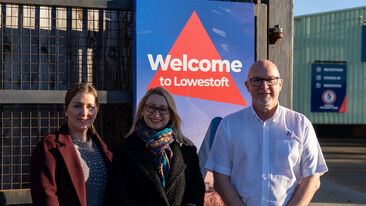MP Jess Asato with Emma Cranfield and Neil Brookfield outside the Lowestoft Headquarters