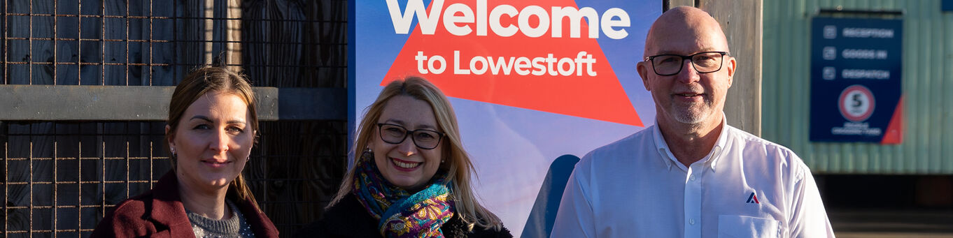 MP Jess Asato with Emma Cranfield and Neil Brookfield outside the Lowestoft Headquarters