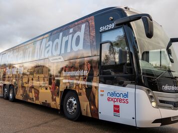 Aura National Express Madrid coach wrap completed outdoor