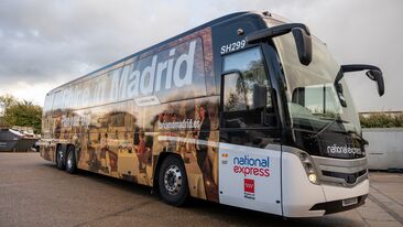 Aura National Express Madrid coach wrap completed outdoor