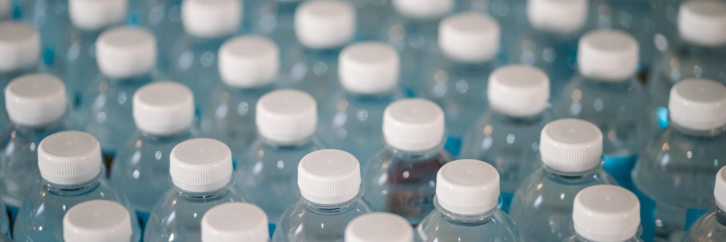 overhead view rows of plastic bottles sustainable eco friendly