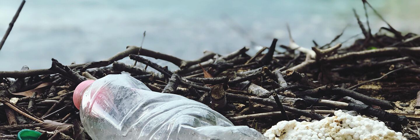 beach view single plastic bottle waste sustainability