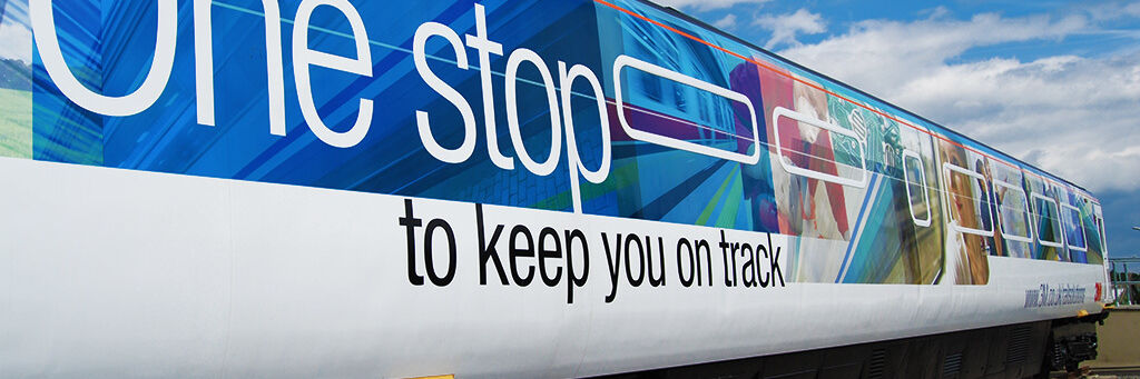 Train carriage specially wrapped in printed 3M self-adhesive rail approved films