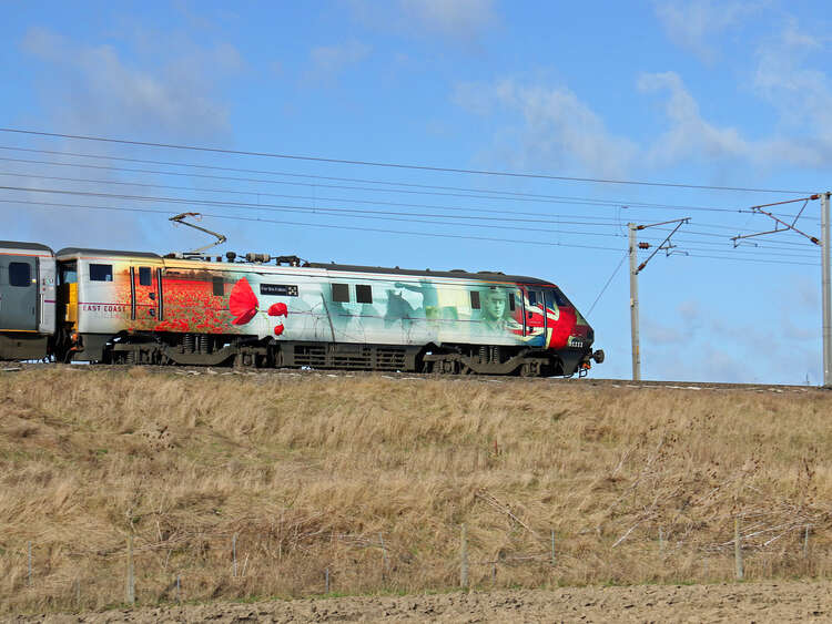 Special remembrance poppy train wrap "For the Fallen" on East Coast train