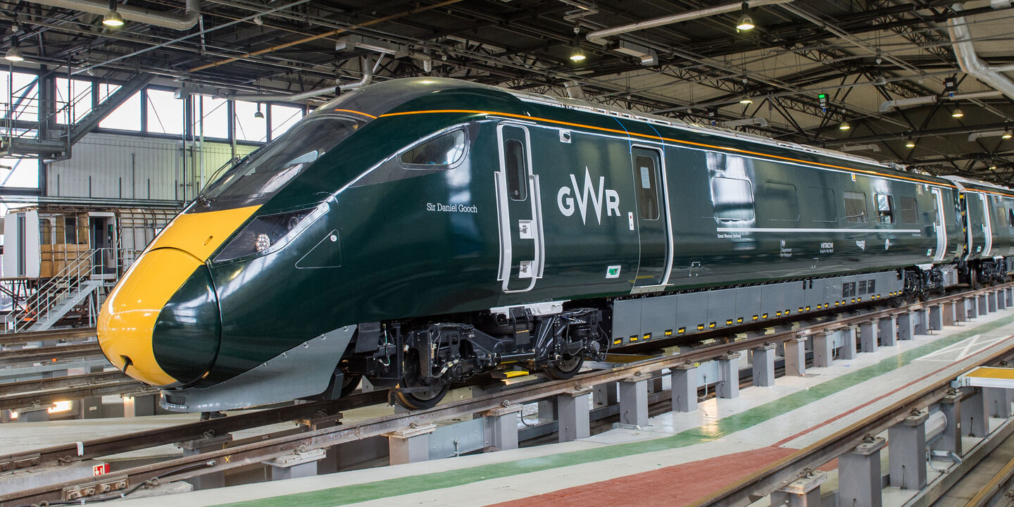 Fully wrapped new Hitachi train in GWR dark green livery