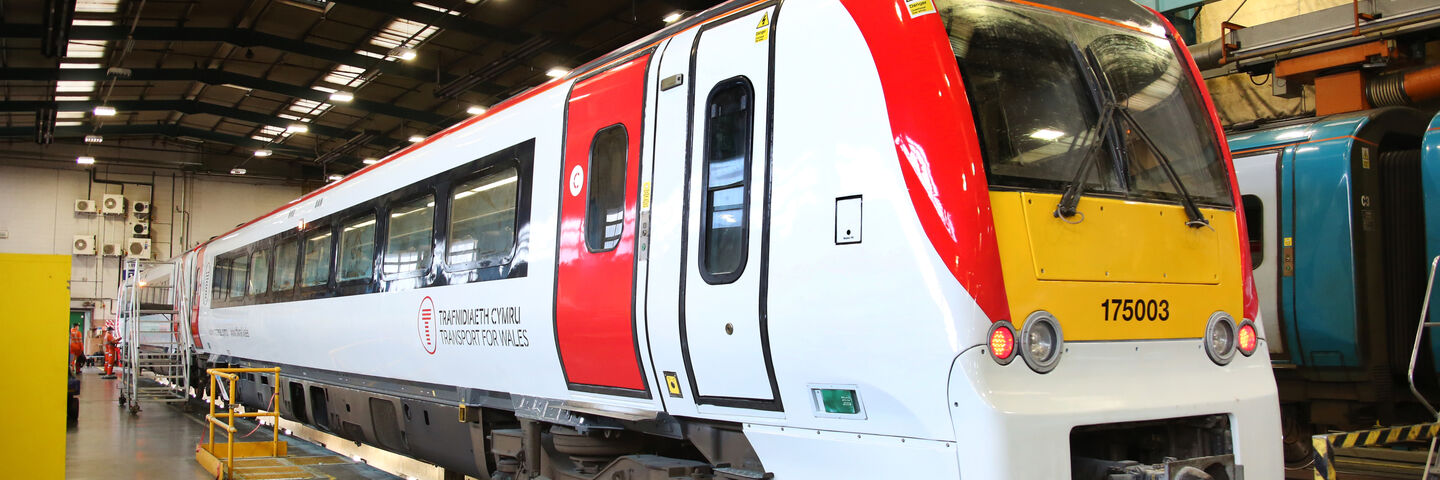 The front of a completed TfW train in depot class 175 arriva 175003