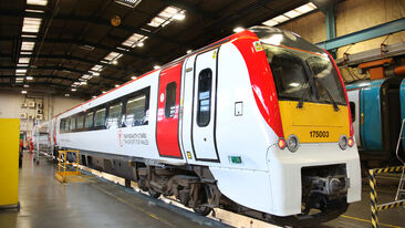 The front of a completed TfW train in depot class 175 arriva 175003
