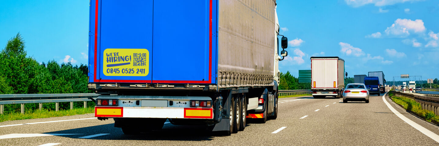 Driver Recruitment Stickers on the Rear of an HGV Trailer