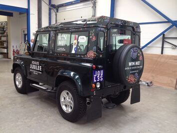 Special vehicle wrap on Landrover Defender for Joules clothing retailer competition
