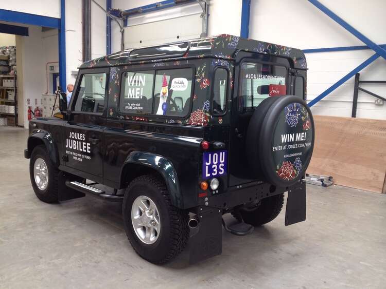 Special vehicle wrap on Landrover Defender for Joules clothing retailer competition