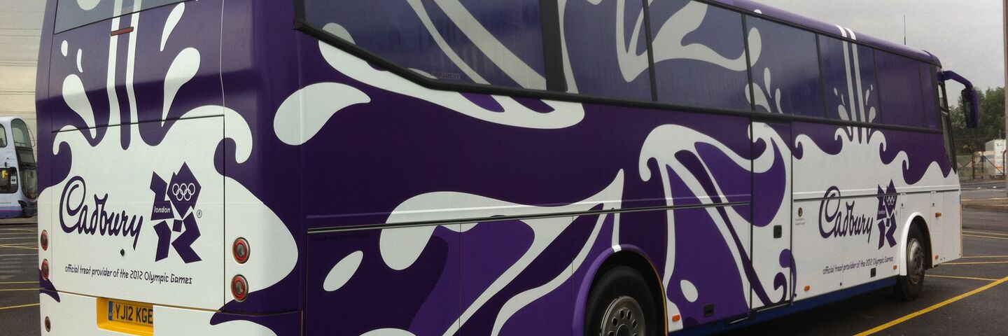 Purple uniion jack livery on coach for Cadbury's