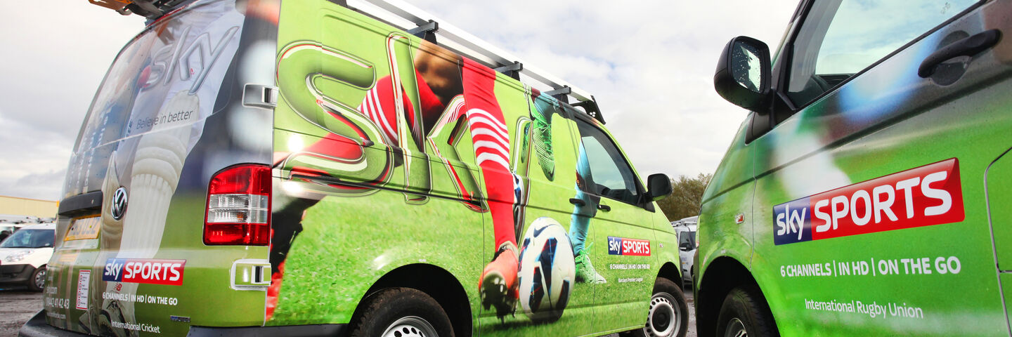 Full wrapped vans for Sky in Sky Sports vehicle branding design