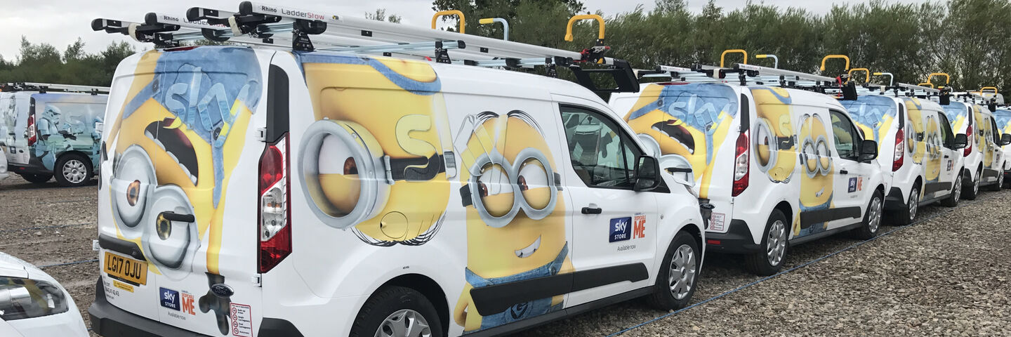 Sky van fleet wrapped in Minions Movie livery
