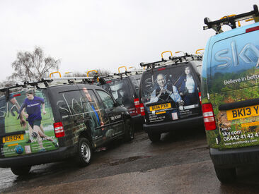 Sky vans featuring a selection of full wrap livery designs with promotional imagery