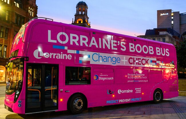 Wide shot of Stagecoach's breast cancer awareness bus