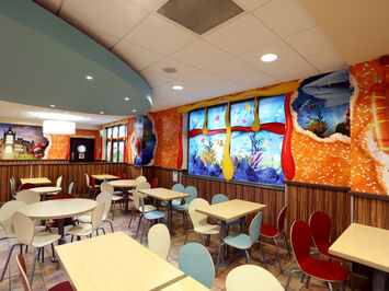 Interior graphics used to brand Alton Tower Burger Kitchen restaurant