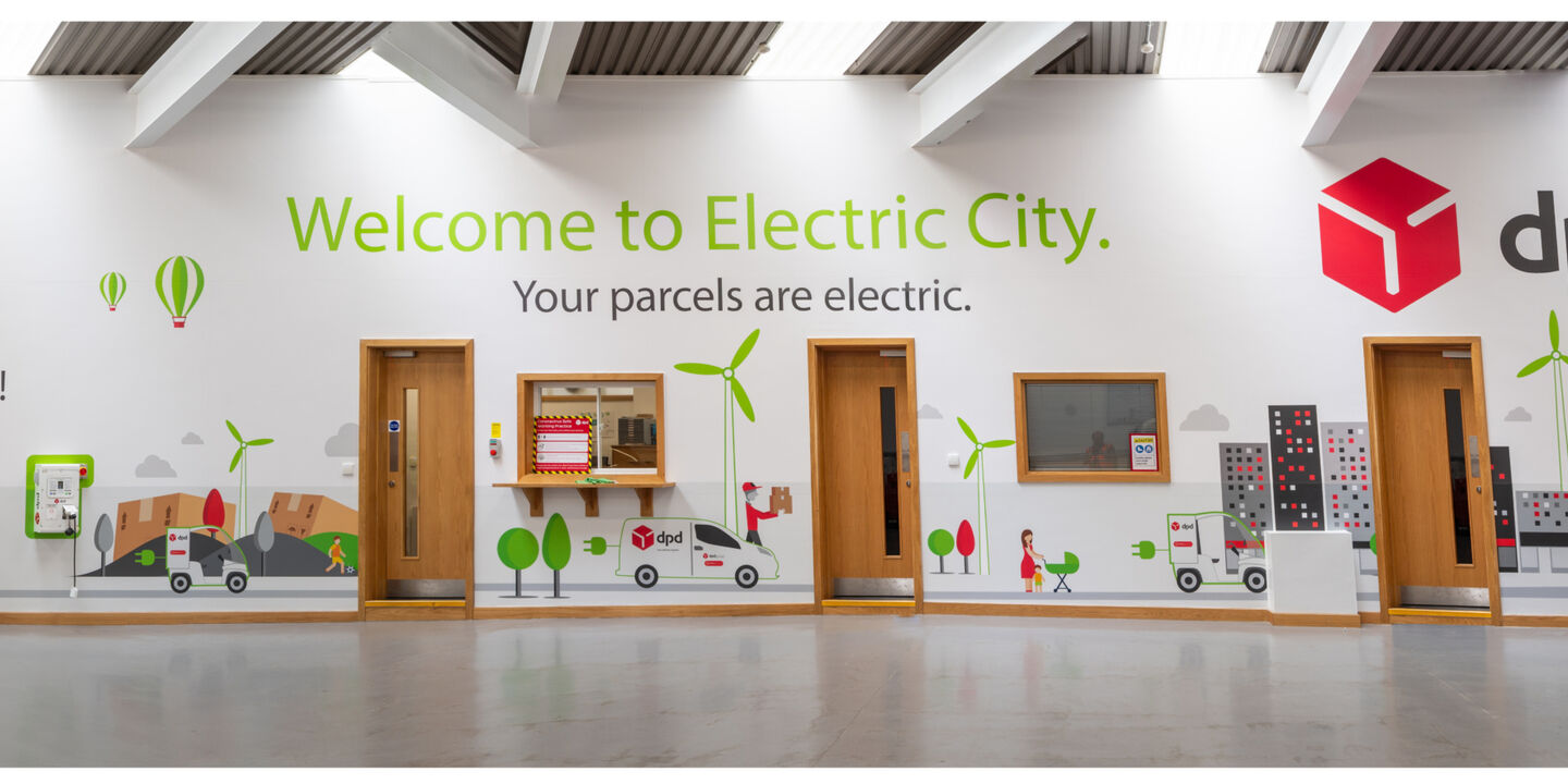 wide angle DPD All electric depot in Westminster using Auraflex and vinyl graphics