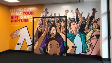 Auraflex colourful printed laminates used to decorate walls in youth centre interior rebrand