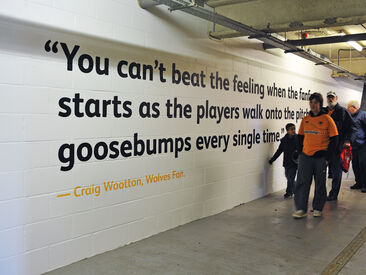 Wall graphics on brick wall to brand Wolves football stadium featuring quotes from fans about their match day experiences