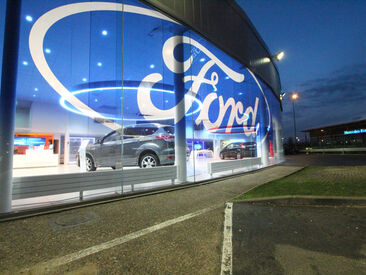 Specially printed gradient on optically clear window film to dress Ford car dealership glass frontage