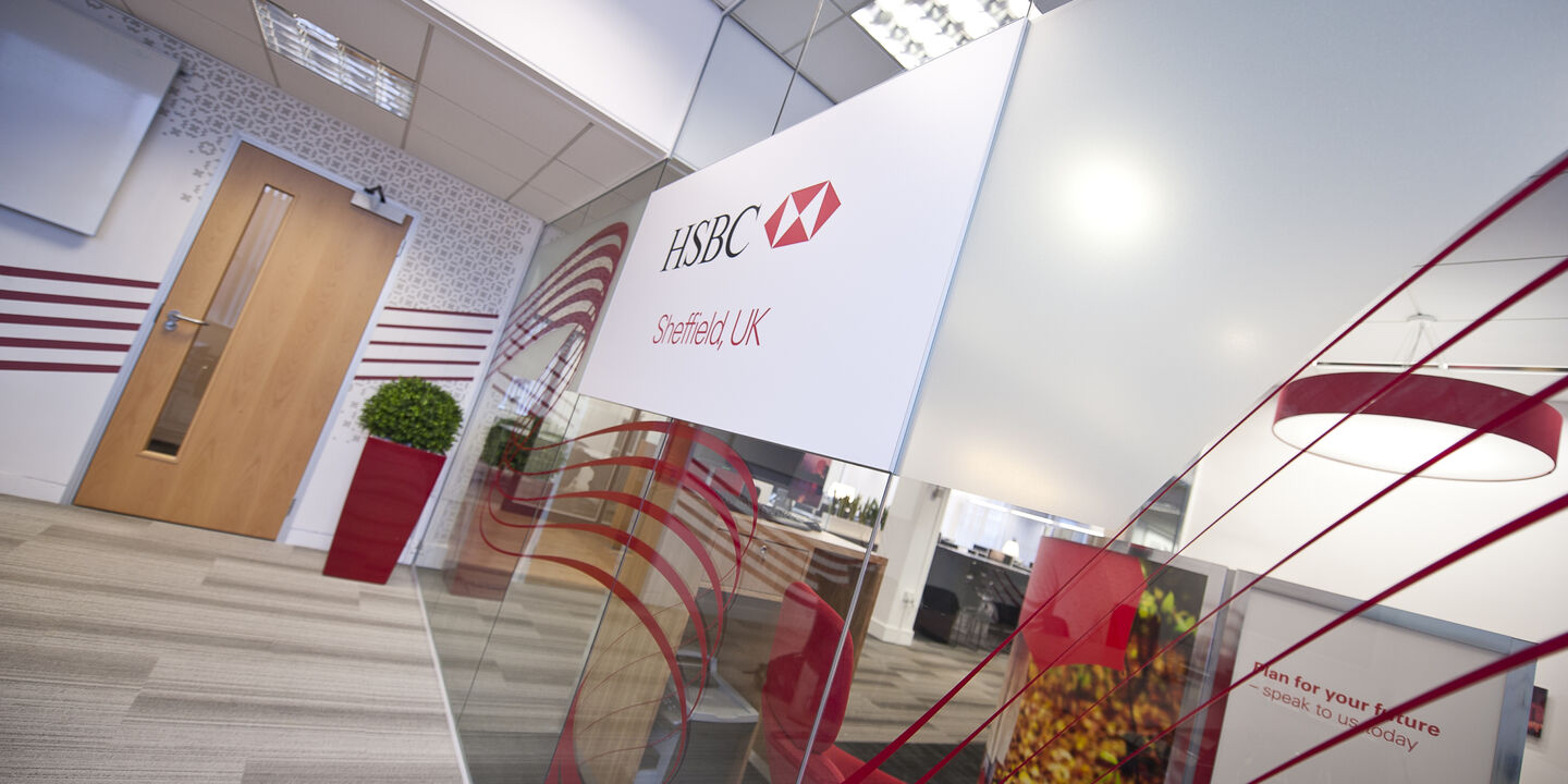Dusted vinyl film and graphics create theme for HSBC office interior walls and glass manifestations